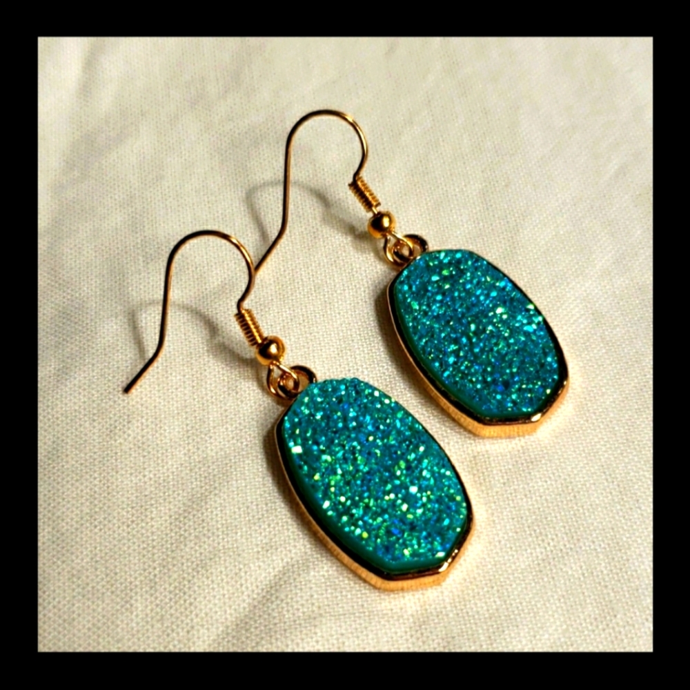 Green Druze & Goldtone Drop Earrings